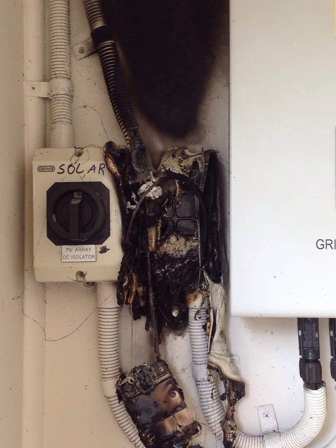 Fire damage caused by a faulty solar isolator