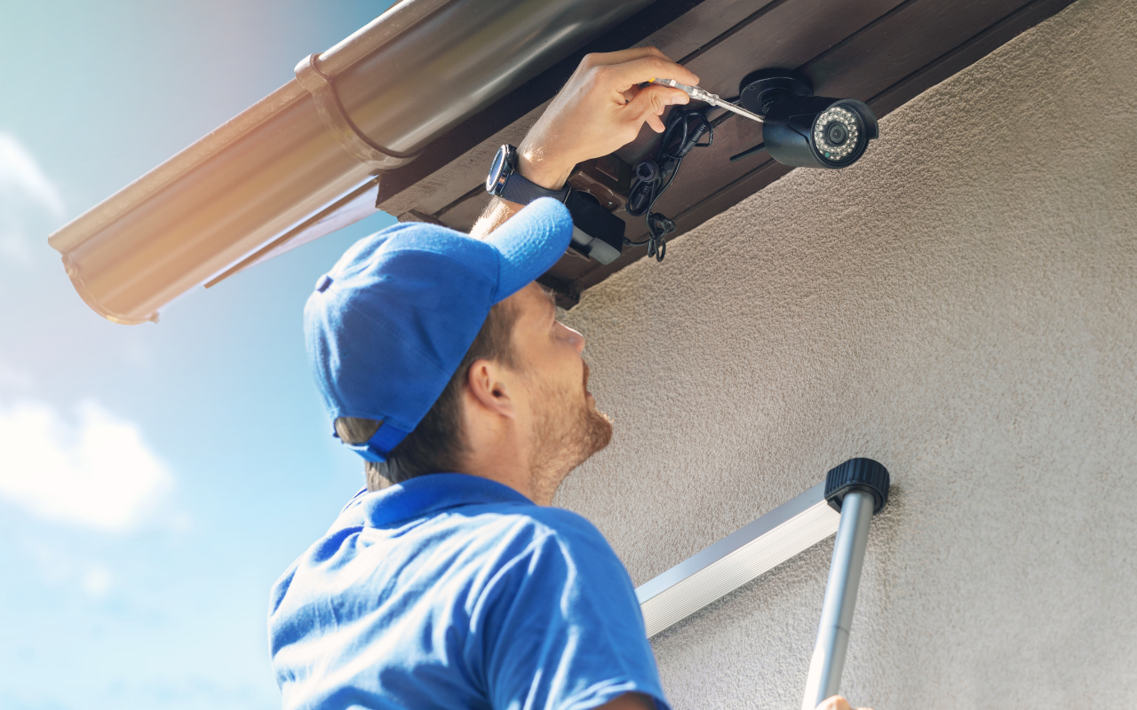 Tradesman installing a security camera